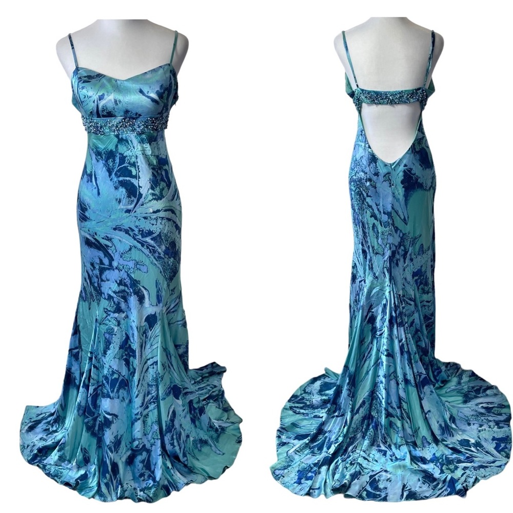 Vintage 90s Y2K Silk Beaded Slip Maxi Dress Open Back Blue Abstract Print 10